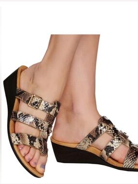 Vionic Snake-Print Wedge Sandals in Brown and Cream